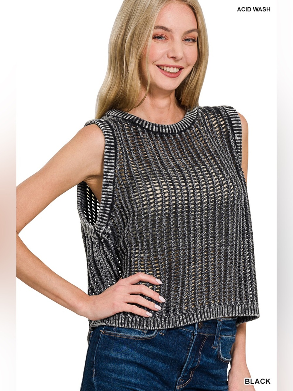 Zenana Black Acid Washed Fishnet Sweater Vest